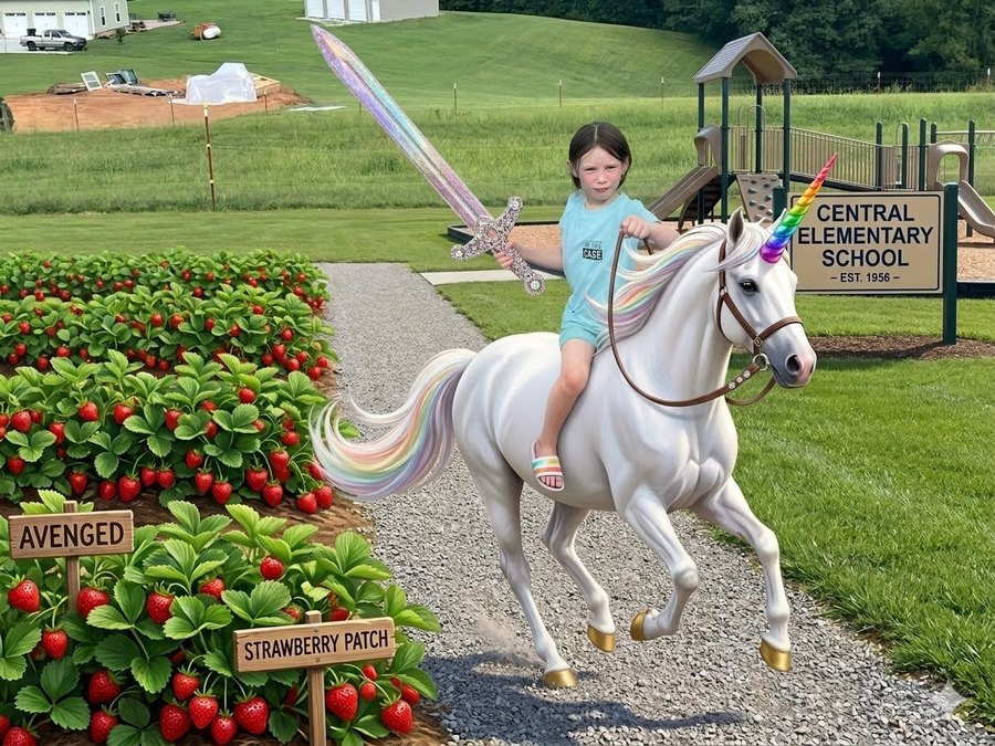 Callie riding a white unicorn with a sparkly sword, defending the strawberry patch