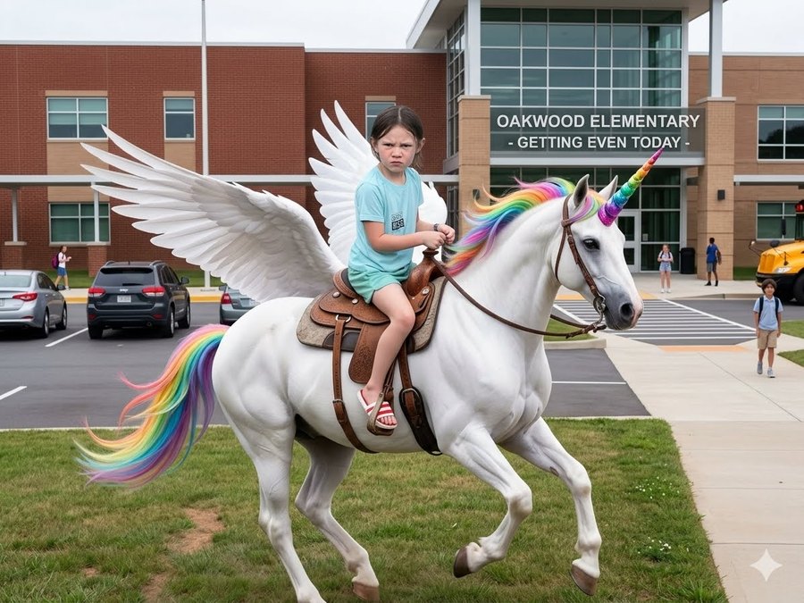 Callie riding a winged unicorn with a rainbow mane in front of her school